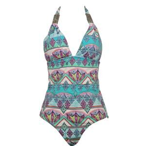 Gorgeous $228 OndadeMar Aqua Multi-Print Halter One Piece Swimsuit, XS